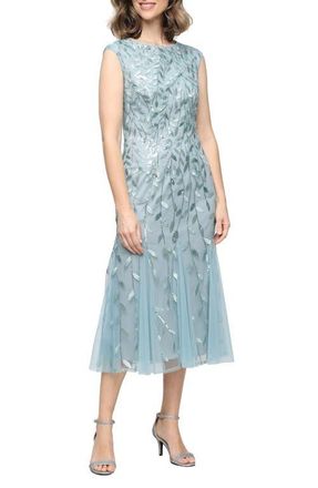 Alex Evenings Sequin Leaf Embroidery Cocktail Midi Dress in Ice Sage at Nordstrom, Size 16P