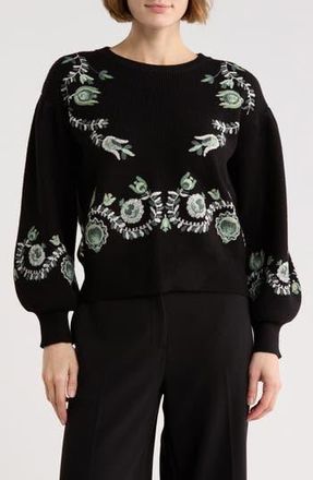 Elie Tahari Floral Embrodiered Sweater in Black W/Embroidery at Nordstrom Rack, Size X-Small