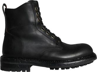 Dolce & Gabbana Zwarte Leren High-Top Combat Laarzen - Heren - Veterlaarzen - Zwart - 40 EU - Leer - Schoenen