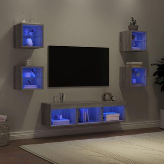 vidaXL Vidaxl - Muebles Tv Pared Con Led 7 Pzas Madera Ingenier&iacute;a Gris Sonoma