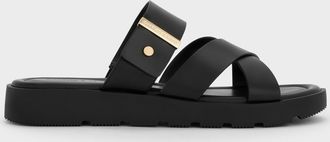 Charles & Keith Metallic-Accent Crossover-Strap Slide Sandals