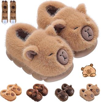 Generic Capybara Slippers, Fluffy Plush Slippers Capybara Kids & Adults Warm Winter Outdoor (Khaki-2,8.5-9.5(kid))