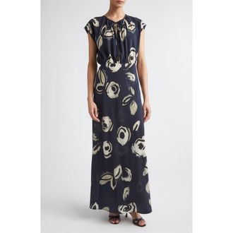 Max Mara Floral Print Silk Maxi Dress in Ultramarine at Nordstrom, Size 14