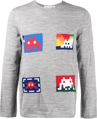 Comme Des Garçons Round-neck Knitwear, male, Gray, XL, Graphic Print Wool Blend Jumper