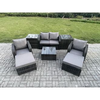 Fimous Rattan Garden Furniture Set Patio Conservatory Indoor Outdoor 6 Seater Set with Love Sofa Square Coffee Table 2 Big Footstool 2 Side Tables - Fimous