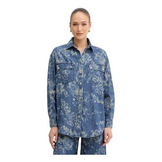Fracomina Overhemden, Dames, Blauw, XL, Denim, Bloemenprint Denim Shirt