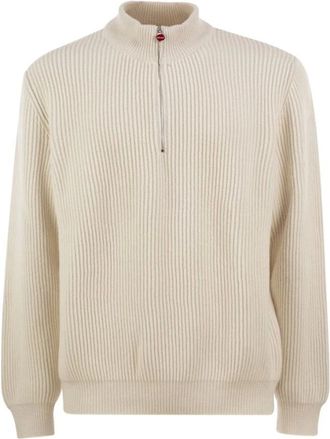 Kiton Maglione a costine in puro cashmere con mezza zip - - Knitwear - Uomo - Beige - L