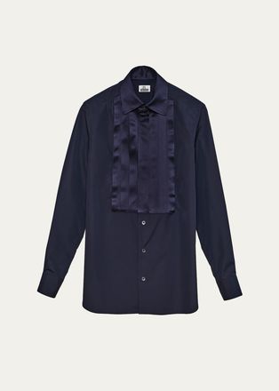 S&eacute;bline Satin Pleated Cotton-Poplin Smoking Shirt
