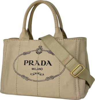 Prada Canapa Beige Canvas Shoulder Bag Tote Bag (Pre-Owned)