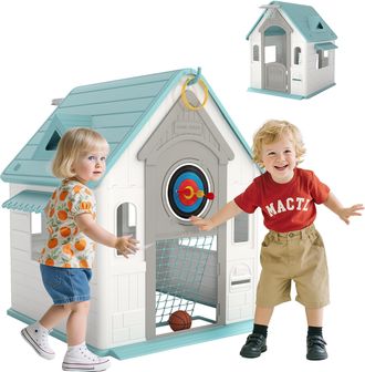 OEM Casita Infantil Exterior E Interior 5 En 1 Con Lanzamiento De Aros Baloncesto F&uacute;tbol Dardos Para Ni&ntilde;os +2 A&ntilde;os Beige
