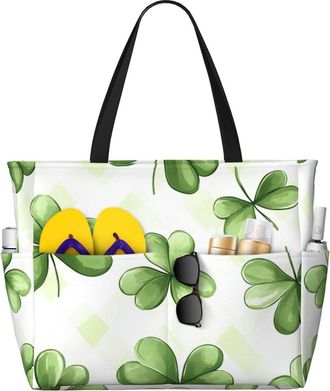 Generic Happy St. Patricks Day Print Large Beach Bag Foldable Travel Shoulder Tote Bag With Pocket For Weekender Pool Vacation