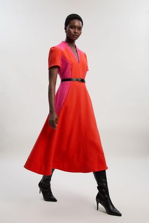 Karen Millen Womens Compact Stretch Colour Block Tailored Belted Full Skirt Midi Dress - Pink - Size 10 UK