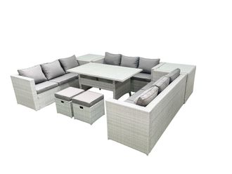 Fimous Rattan Garden Outdoor Furniture Set 11 Seater Garden Sofa Rectangulr Dining Table Set with 2 Small Footstool 2 Side Tables Light Grey Mixed