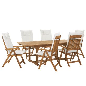 Beliani Conjunto De Comedor Para Jard&iacute;n De Madera De Acacia Ajustable Plegable 6 Plazas Cojines Blanco Y Crema Exterior Java