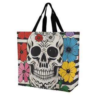 Generic Skeleton And Flower Black And White Shopping Bag Reusable Women Handbag Lightweight Shopping Bags For Travel Picnic Beach
