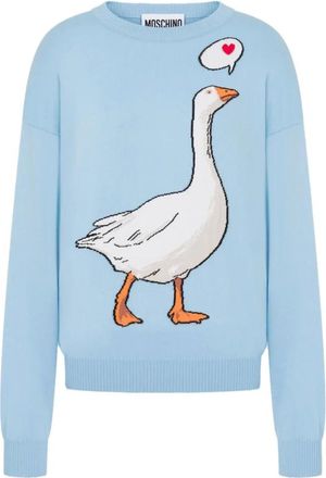 Moschino Round-neck Knitwear, female, Blue, S, Goose Motif Jumper