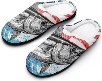 Generic Tuna Fish U.S.A. Flag Wave Slippers Men Winter Warm Cotton Anti-Slip Indoor Slip-Ons House Shoes