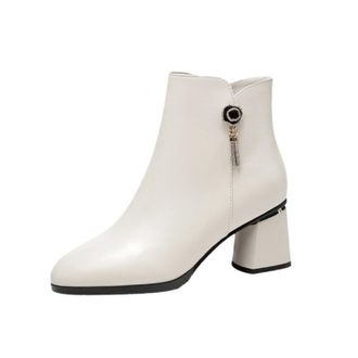 Generic Womens Ankle Boots Smooth PU Leather Round Toe Block Heels Side Zipper Glitter Tassel Detail Solid Color Stylish Durable Design,White,3.5 UK