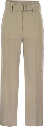 Brunello Cucinelli High-Waisted Broek met Ceintuur - Dames - Wijde Broeken - Beige - 2XS - Katoen - Broeken