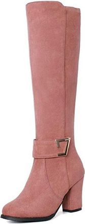 Generic Pink,6.5 UK,Fashion Belt Buckle Knee high Boots for Womens Round Toe Chunky Heels Tall Boot Suede Party Club Fall Winter Comfy Dress Shoes