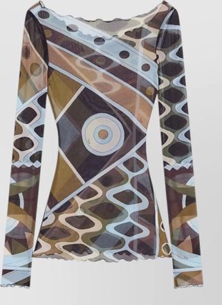 Pucci tulle boatneck top long sleeves print