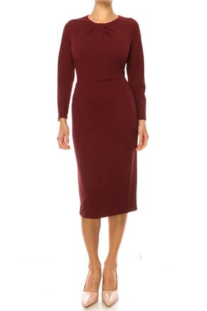 Maggy London Long Sleeve Pleated Neck Sheath Dress In Zinfandel