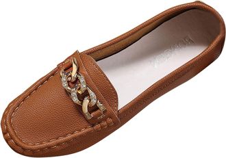 Generic Ladies Loafer Shoes Flat Heel Casual Womens Loafers Stylish Round Toe Metal Chain Breathable Comfortable Slip On Shoes Classic Daily Brown