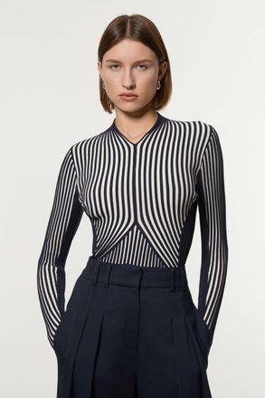 Karen Millen Womens Stripe Fitted Long Sleeve Knitted Top - Navy Polyamide - Size X-Small