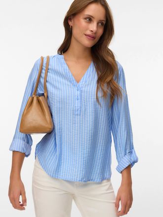 Vero Moda Blusenshirt VERO MODA VMKAJA LS V-NECK FOLD-UP TOP WVN, Damen, Gr. XL, vista blau stripes:sandra, Jersey, Obermaterial: 83% Viskose, 17% Nylon, gestre