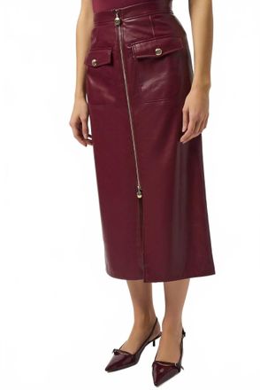Joseph Ribkoff Faux Leather Zip Front High Waist Midi Skirt In Merlot