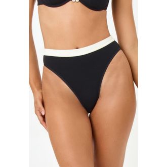 L*Space x Anthropologie Frenchi Bitsy Bikini Bottoms in Black /Cream at Nordstrom, Size X-Large