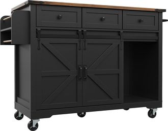 Urban Meuble Isla de cocina extensible negra y efecto madera sobre ruedas 140x45x94