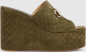 Gucci Womens Wedge Sandal With Horsebit, Green, GG Canvas