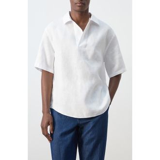 Mango Solid Slub Linen Polo in White at Nordstrom, Size Medium