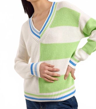 Brodie Valerie Stripe V-Neck Sweater In Ivory/green