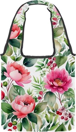 Generic Flowers and Green Leaves Reversible Canvas Shoulder Tote - Double-Sided Print, 12oz Cotton, 27cm Drop, Fold-Flat Bag for Travel, Shopping, Street Outi