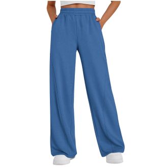 Generic Trousers for Women UK Elastic Waist Casual Trouser with Drawstring Wide Straight Legs Jogging Sweatpant Solid Colour Ladys Leisure Pants Classic Fit H