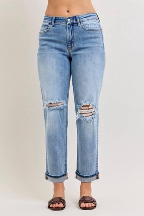 Judy Blue Boyfriend Jeans With Destroyed Knee & Folded Cuff In Medium Wash