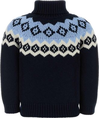 Prada Womens Fair Isle Wool Blend Sweater Navy Virgin Cashmere