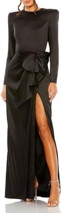 Mac Duggal Petite Long Sleeve Satin Structured Bow Draped Column Gown in Black at Nordstrom, Size 10P
