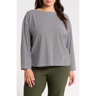 Eileen Fisher Striped Bateau Neck Boxy Organic Cotton Top in Black/white at Nordstrom, Size 3X