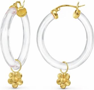 Gold & Honey Womens Flower Charm Lucite Hoop Earrings In Clear
