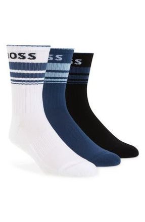 BOSS 3-Pack Logo Stripe Ribbed Crew Socks in Blue Multi at Nordstrom Rack, Size 7-13