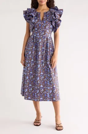 Sugarlips Bruceton Floral Print Long Sleeve Minidress in Brown-Blue at Nordstrom, Size X-Small