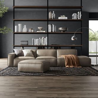 Castlery Dark Brown Top Grain Leather Extended Right Side Chaise Sofa with Ottoman | Jonathan by Castlery