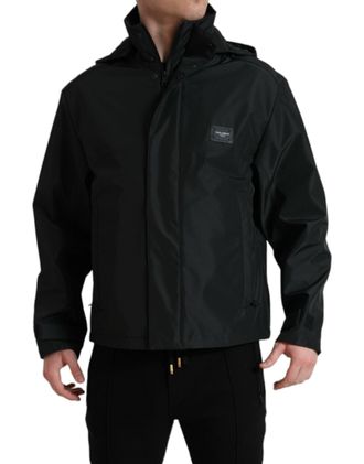 Dolce & Gabbana Mens Black Polyester Logo Plaque Hooded Jacket Clothing