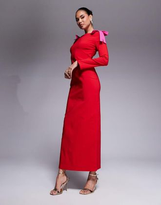 Daska bow shoulder maxi dress in red and pink-Multi