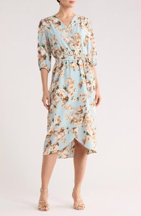 Connected Floral Faux Wrap Midi Dress in Dusty Aqua at Nordstrom Rack, Size 16