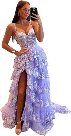 Generic Glitter Lace Tiered Tulle Prom Dress Long with Slit Sparkly Spaghetti Straps Formal Evening Gown Wedding Party Ball Gown Lilac 14