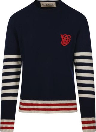 Valentino Round-neck Knitwear, male, Blue, Size: M Wool Sweater with VG Embroidery